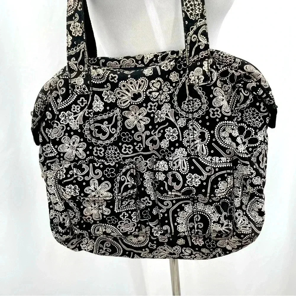 Thirty One Paisley Shoulder Bag Purse Black White Zip Closure Pockets 13”x14” - Picture 3 of 16